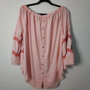 Standard Grace Button Back Pink Embroidered Bell Sleeve Cold Shoulder Top
